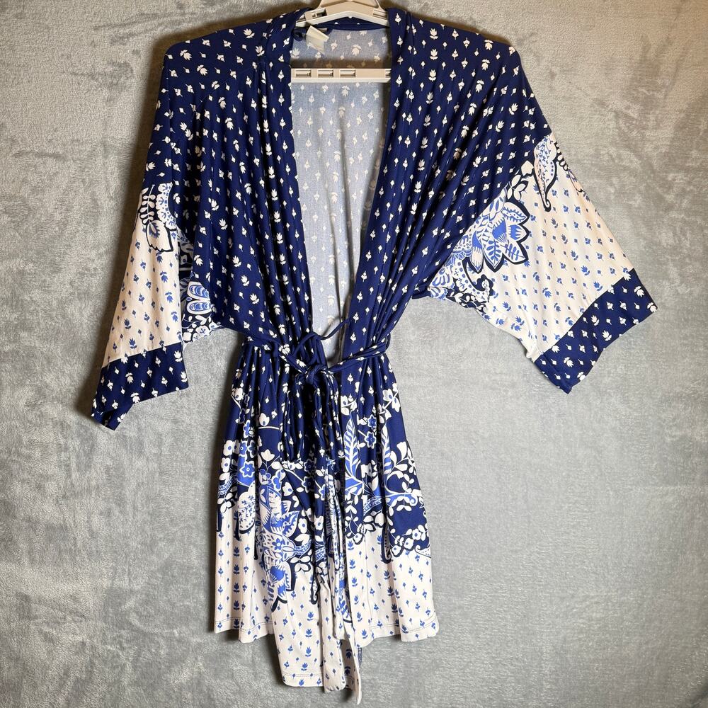 In Bloom Womens Large Blue White Floral Kimono Cardigan Boho Tie Waist Wrap
